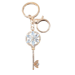 Skeleton Key Flower Rhinestone Keychain Purse Charm in Diamond Gold Tones
